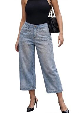 Cache Wide Leg Rhinestone Cropped Jeans Women’s 10 Denim McBling Bedazzled